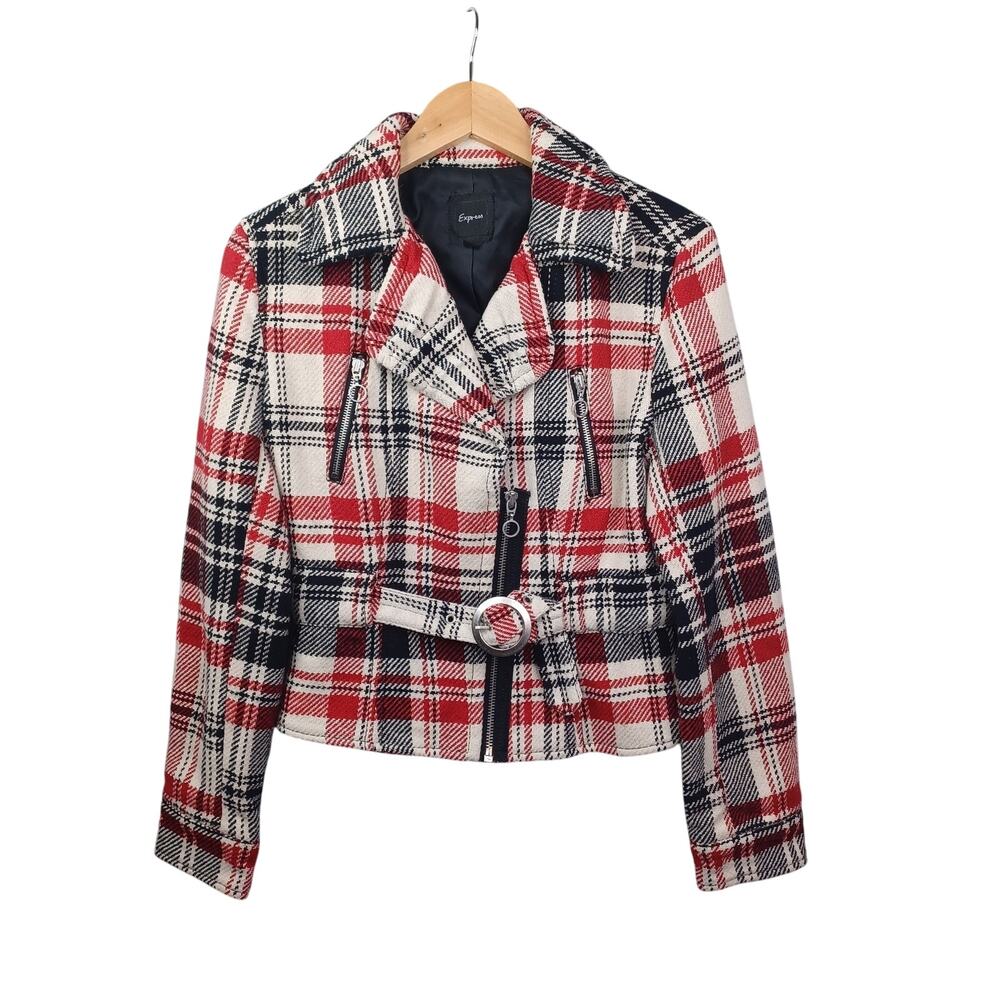 Express Women Plaid Wool Blend Moto Belted Jacket Medium Black Red Preppy Bomber